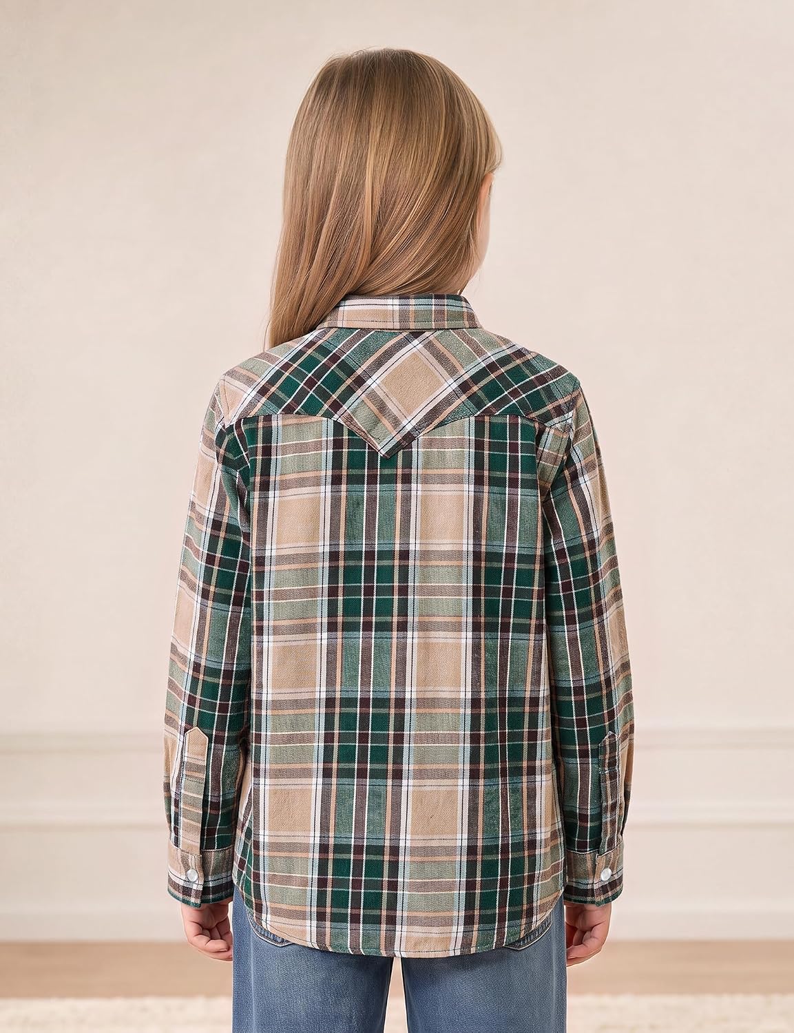 JOGAL G595 Girls' Western Plaid Long-Sleeve Pearl-Snap Flannel Shirt - Brown Darkgreen - rear three quarter