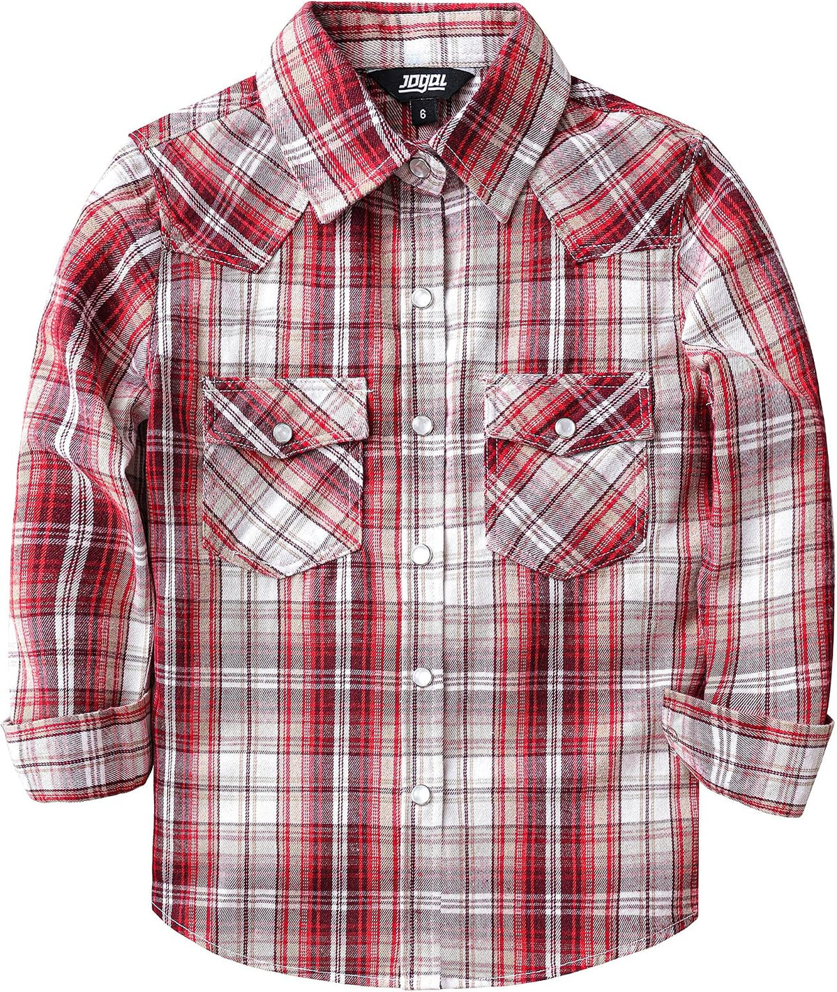 JOGAL G595 Girls' Western Plaid Long-Sleeve Pearl-Snap Flannel Shirt - Burgundy White - front