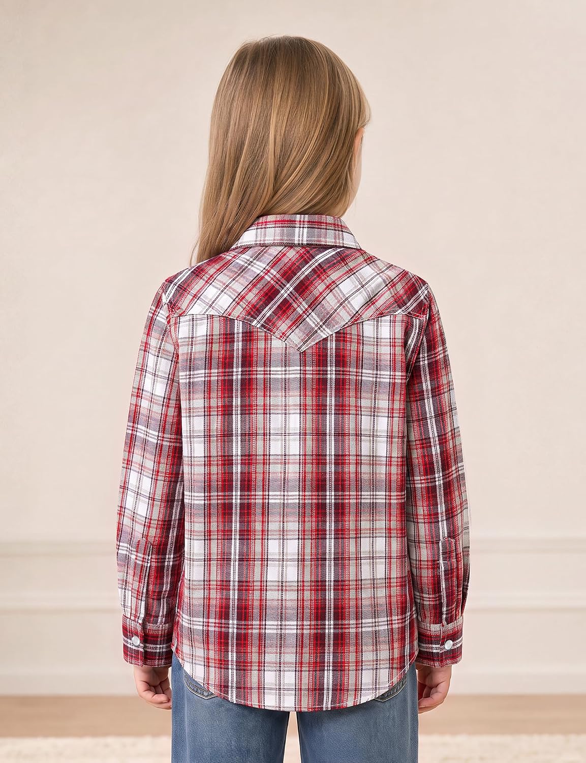 JOGAL G595 Girls' Western Plaid Long-Sleeve Pearl-Snap Flannel Shirt - Burgundy White - rear three quarter