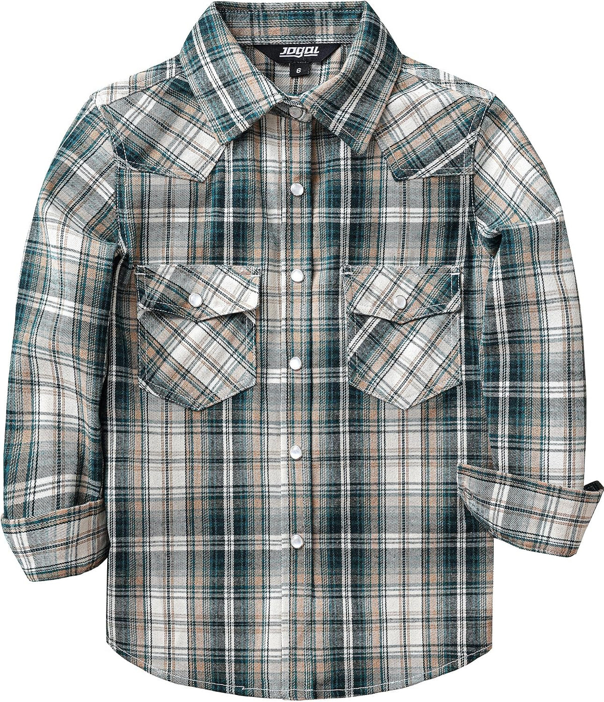 JOGAL G595 Girls' Western Plaid Long-Sleeve Pearl-Snap Flannel Shirt - Green Beige - front