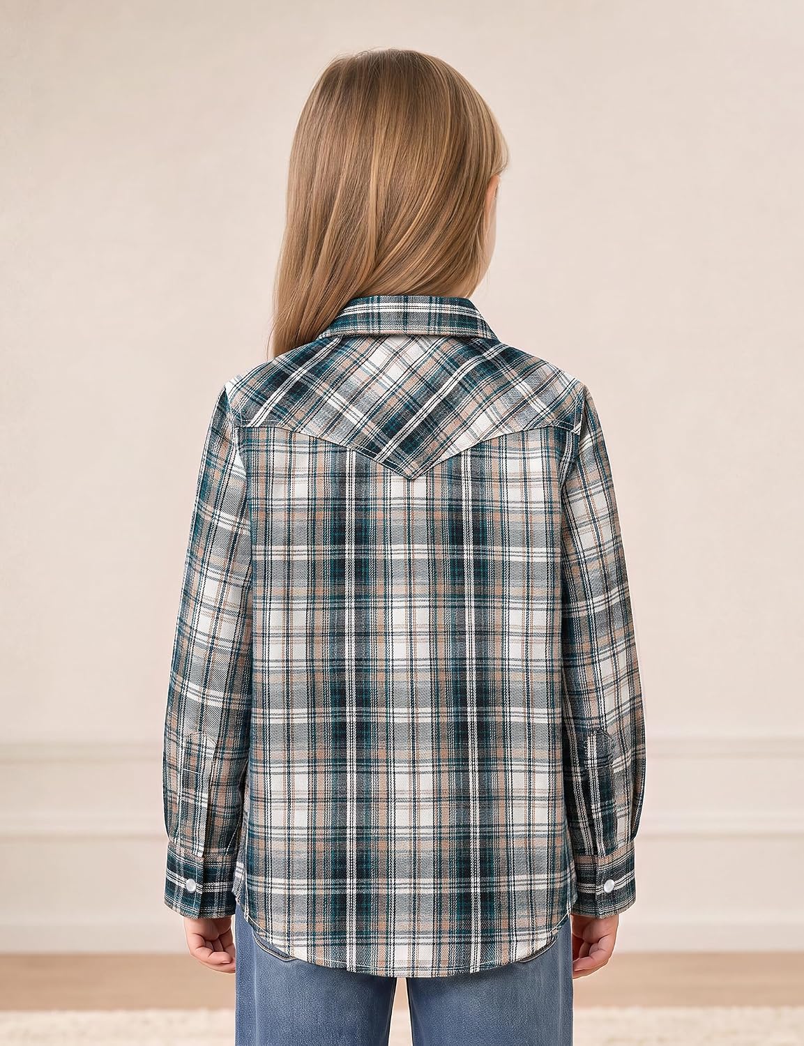 JOGAL G595 Girls' Western Plaid Long-Sleeve Pearl-Snap Flannel Shirt - Green Beige - rear three quarter
