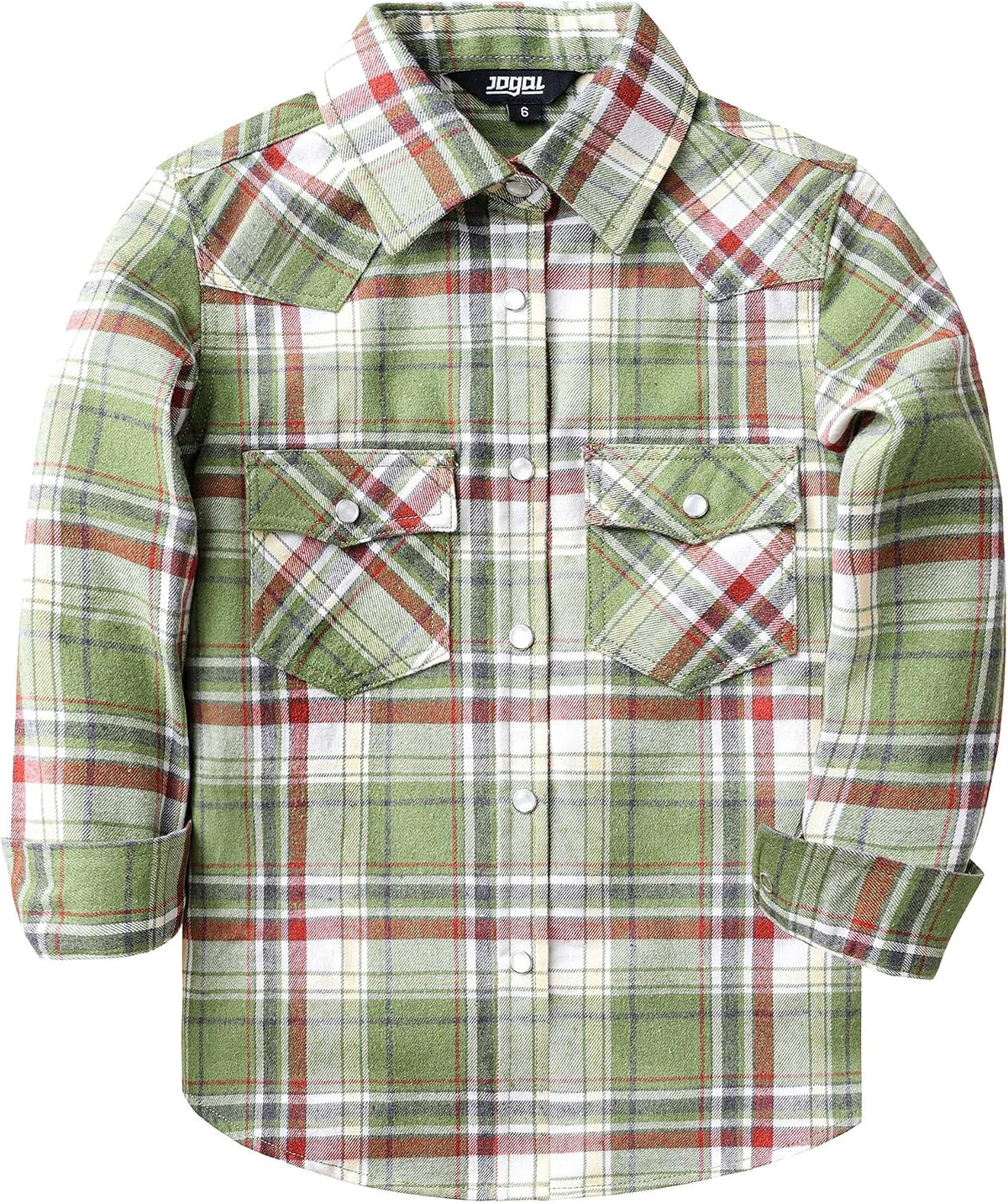 JOGAL G595 Girls' Western Plaid Long-Sleeve Pearl-Snap Flannel Shirt - Green Orange - front
