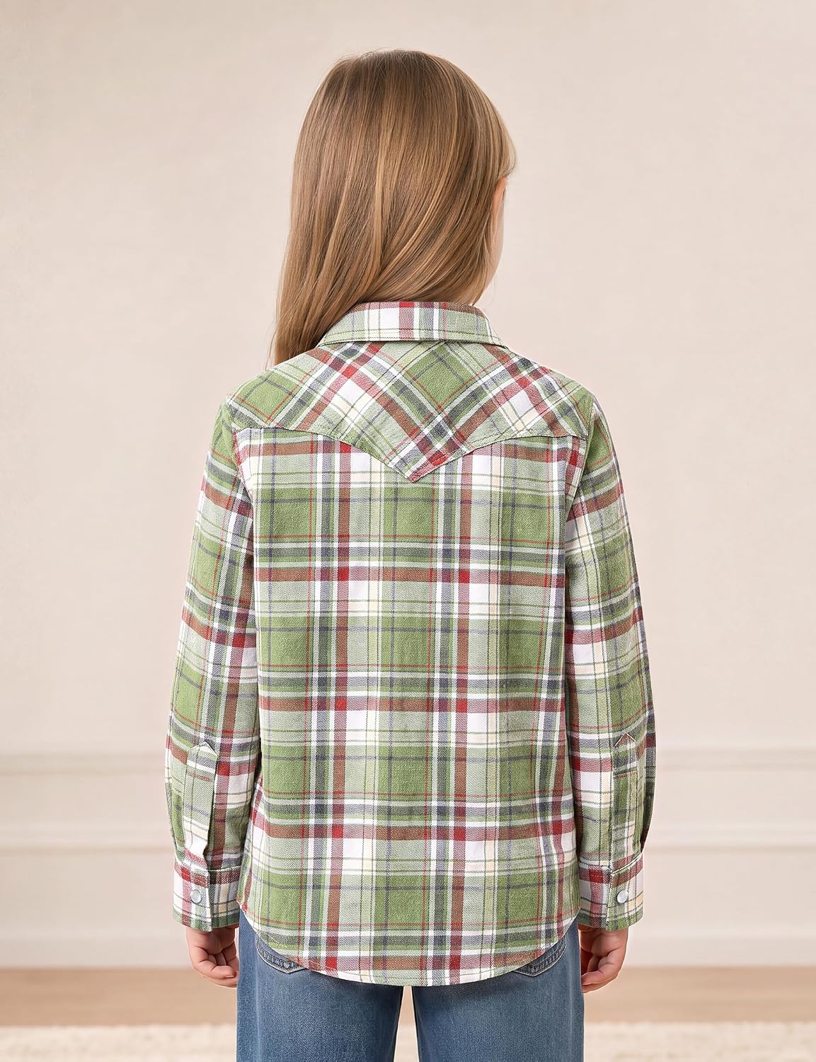 JOGAL G595 Girls' Western Plaid Long-Sleeve Pearl-Snap Flannel Shirt - Green Orange - rear three quarter