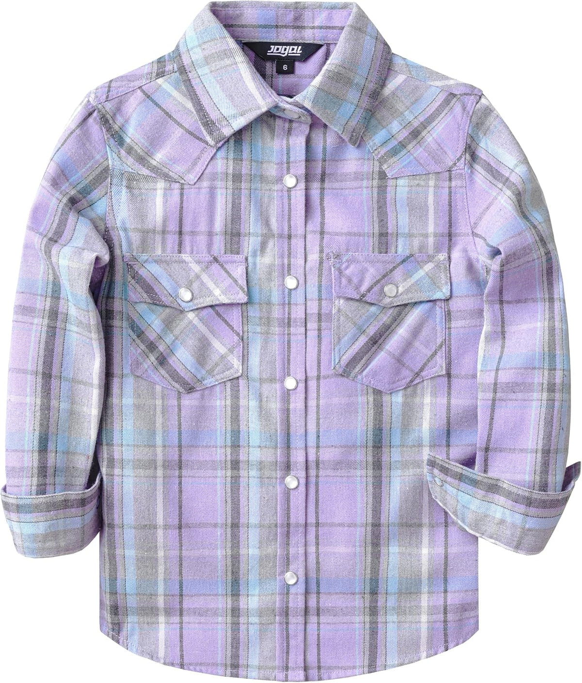JOGAL G595 Girls' Western Plaid Long-Sleeve Pearl-Snap Flannel Shirt - Lavender - front