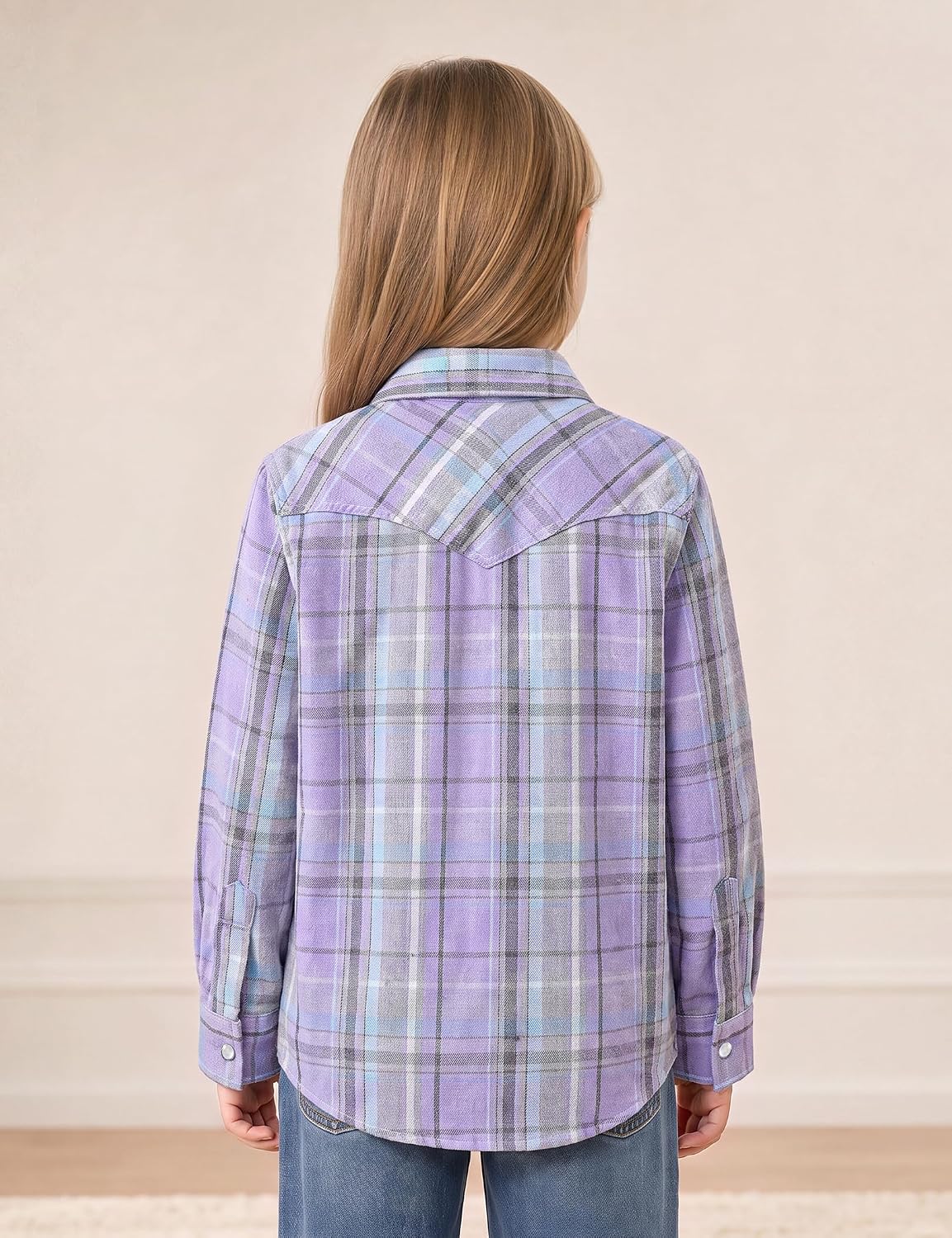JOGAL G595 Girls' Western Plaid Long-Sleeve Pearl-Snap Flannel Shirt - Lavender - rear three quarter