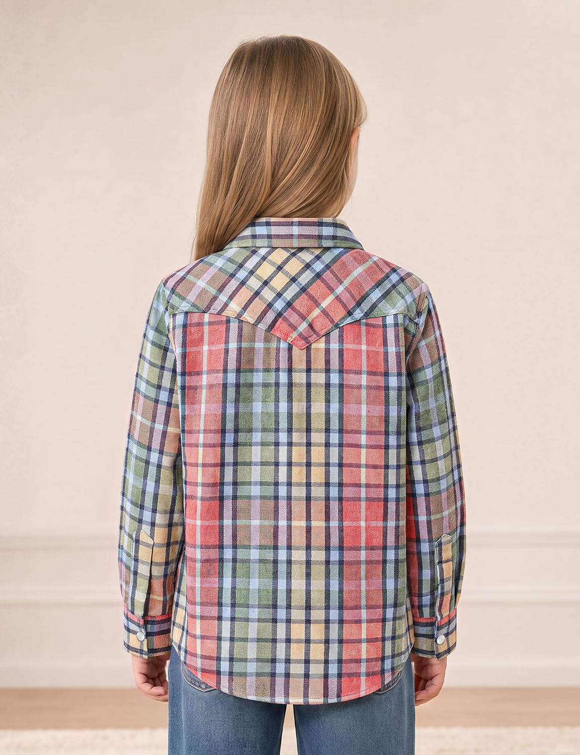 JOGAL G595 Girls' Western Plaid Long-Sleeve Pearl-Snap Flannel Shirt - Multicolor - rear three quarter