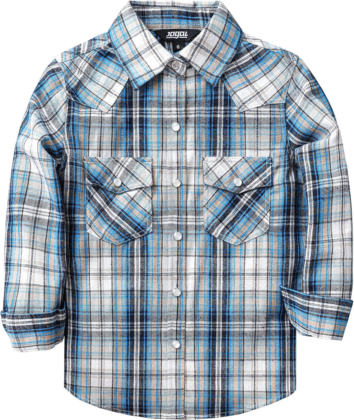 JOGAL G595 Girls' Western Plaid Long-Sleeve Pearl-Snap Flannel Shirt - Navyblue Beige - front