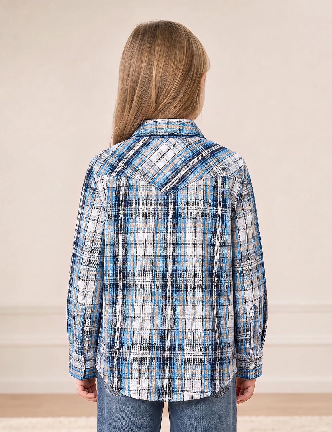 JOGAL G595 Girls' Western Plaid Long-Sleeve Pearl-Snap Flannel Shirt - Navyblue Beige - rear three quarter