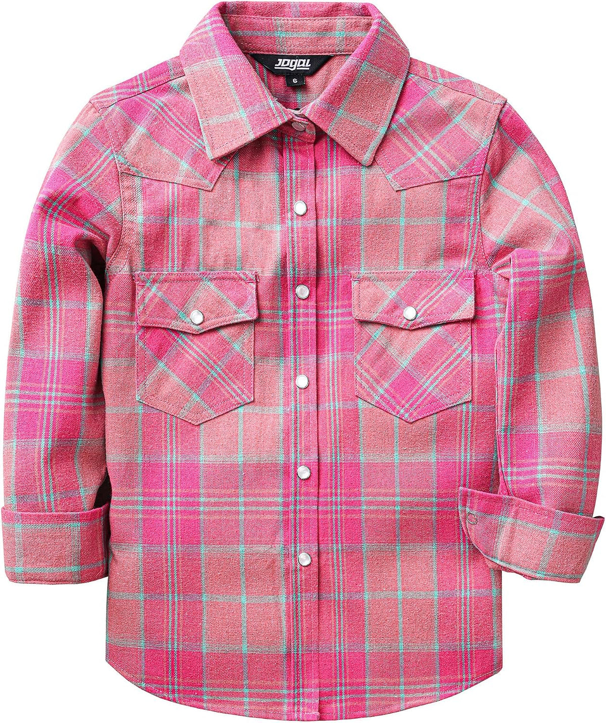JOGAL G595 Girls' Western Plaid Long-Sleeve Pearl-Snap Flannel Shirt - Pink - front