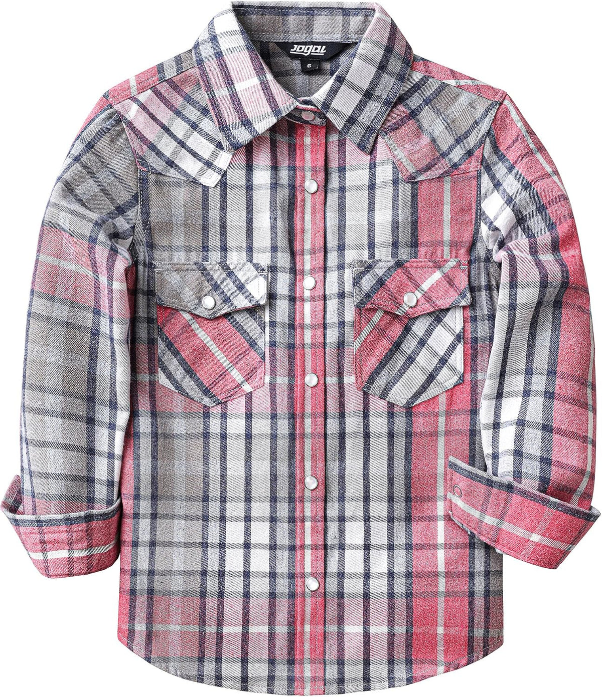 JOGAL G595 Girls' Western Plaid Long-Sleeve Pearl-Snap Flannel Shirt - Pink Grey - front
