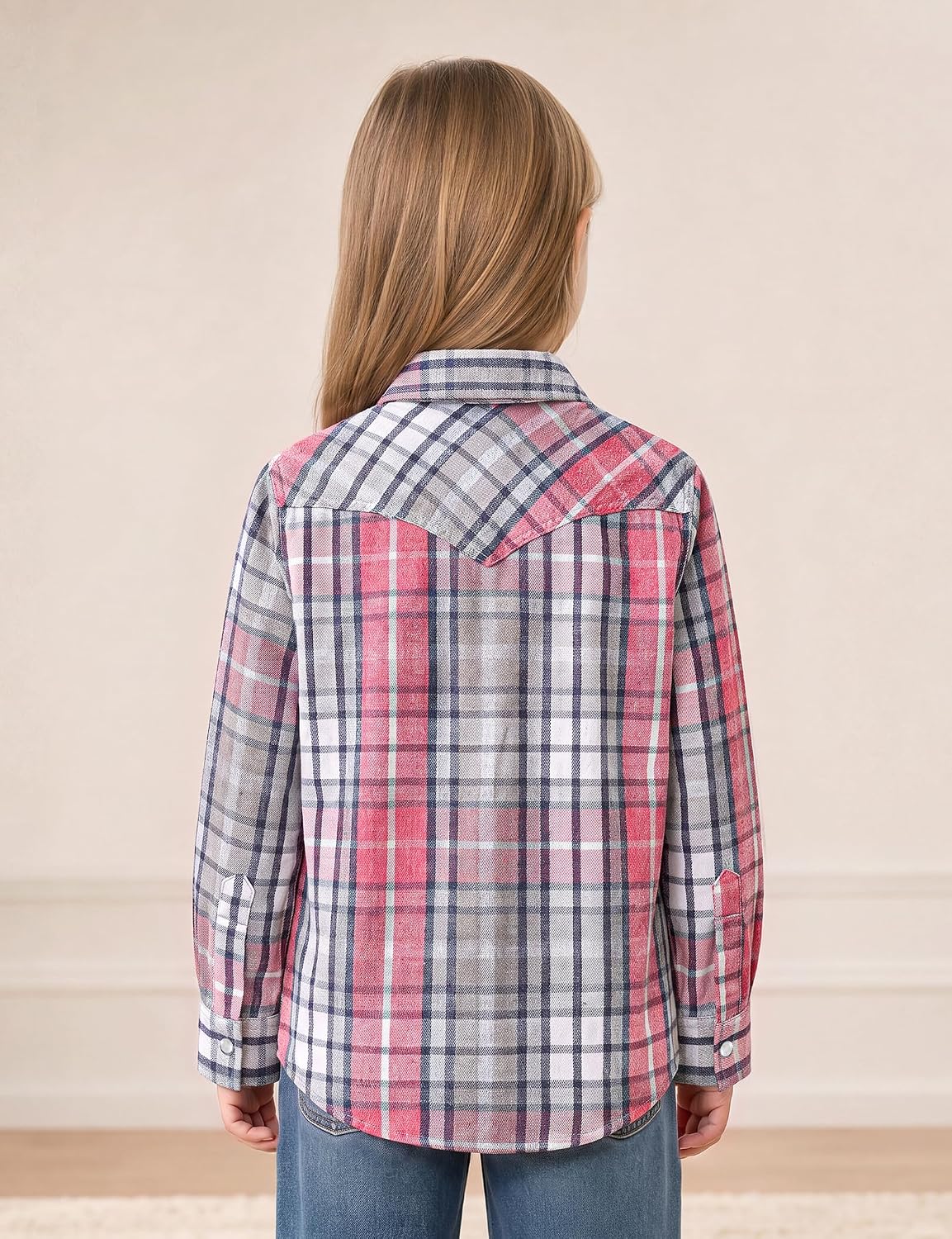 JOGAL G595 Girls' Western Plaid Long-Sleeve Pearl-Snap Flannel Shirt - Pink Grey - rear three quarter