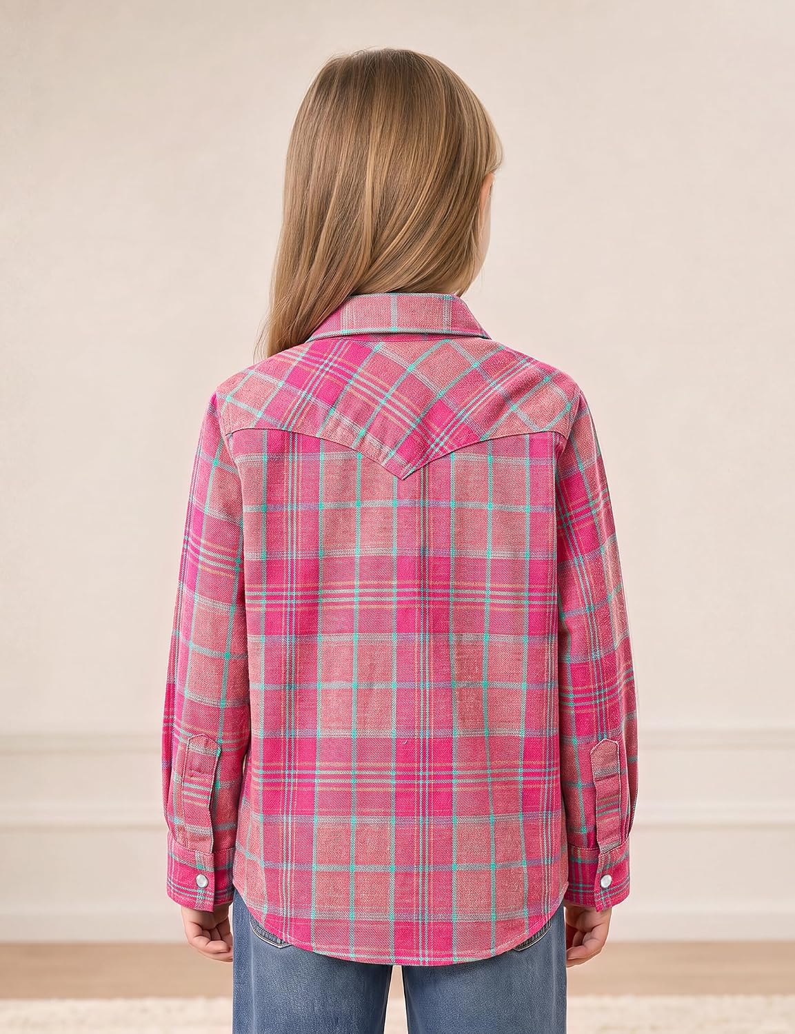 JOGAL G595 Girls' Western Plaid Long-Sleeve Pearl-Snap Flannel Shirt - Pink - rear three quarter