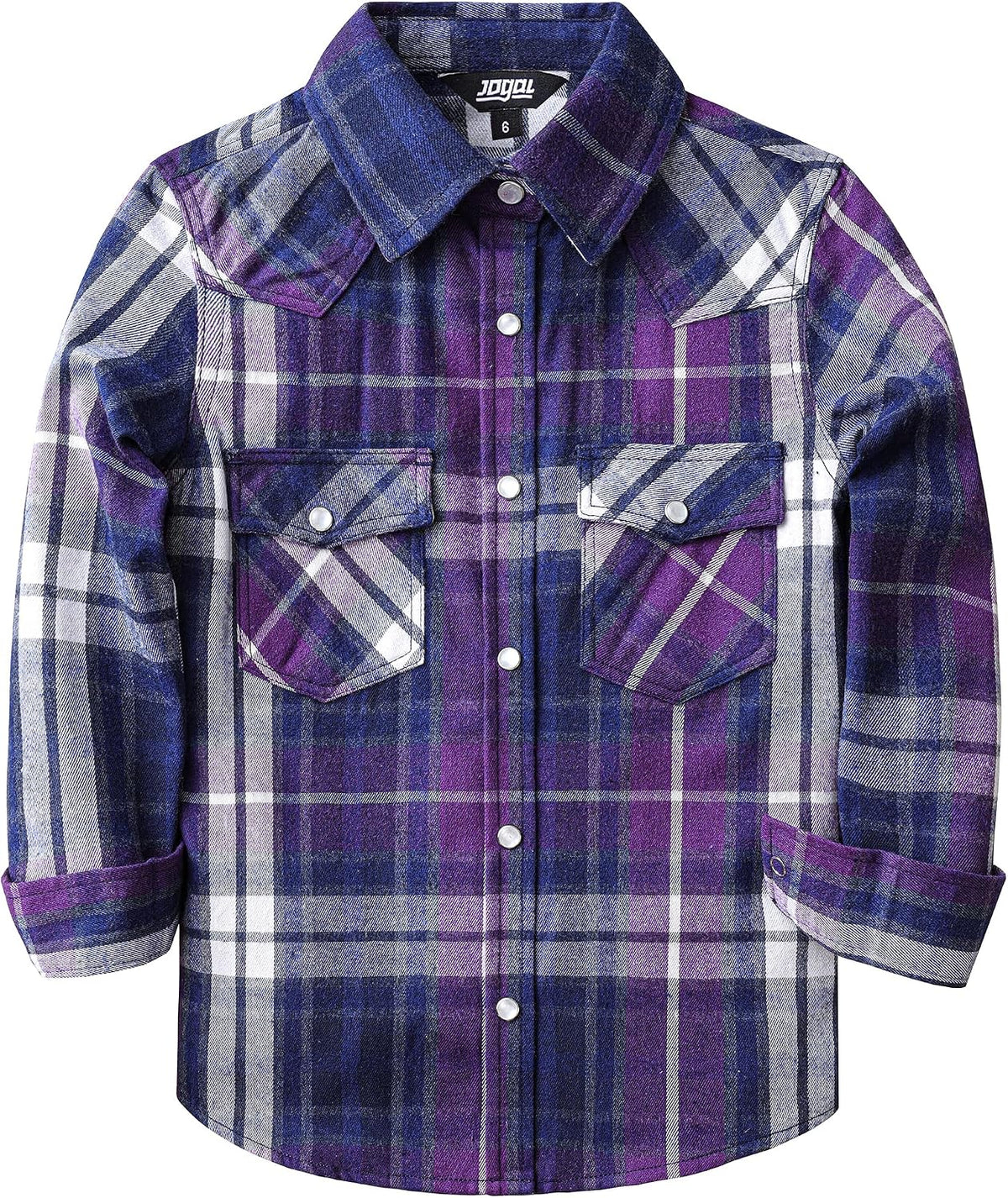 JOGAL G595 Girls' Western Plaid Long-Sleeve Pearl-Snap Flannel Shirt - Purple Blue - front