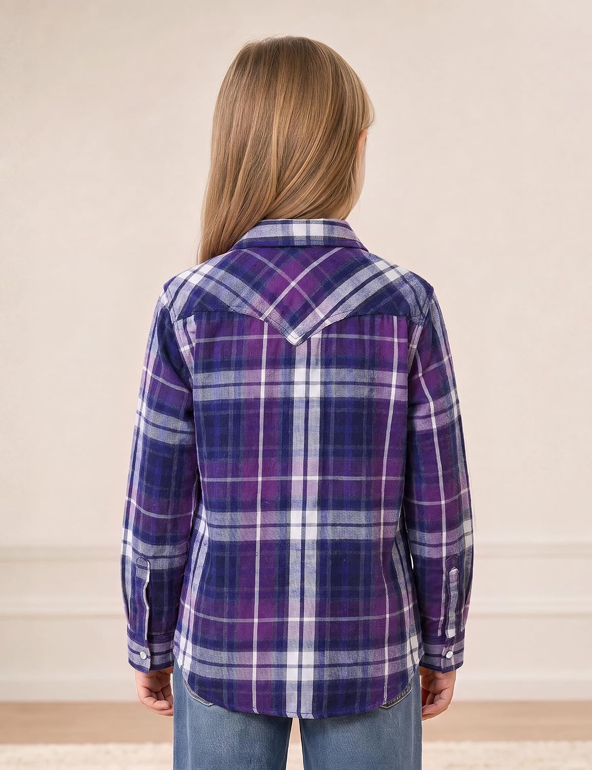 JOGAL G595 Girls' Western Plaid Long-Sleeve Pearl-Snap Flannel Shirt - Purple Blue - rear three quarter