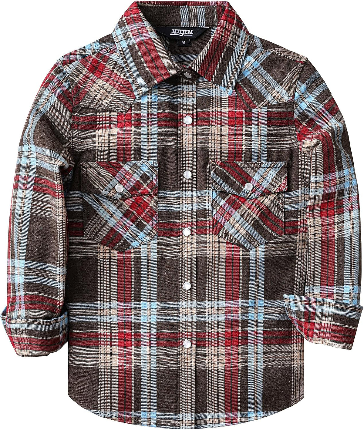 JOGAL G595 Girls' Western Plaid Long-Sleeve Pearl-Snap Flannel Shirt - Red Brown - front