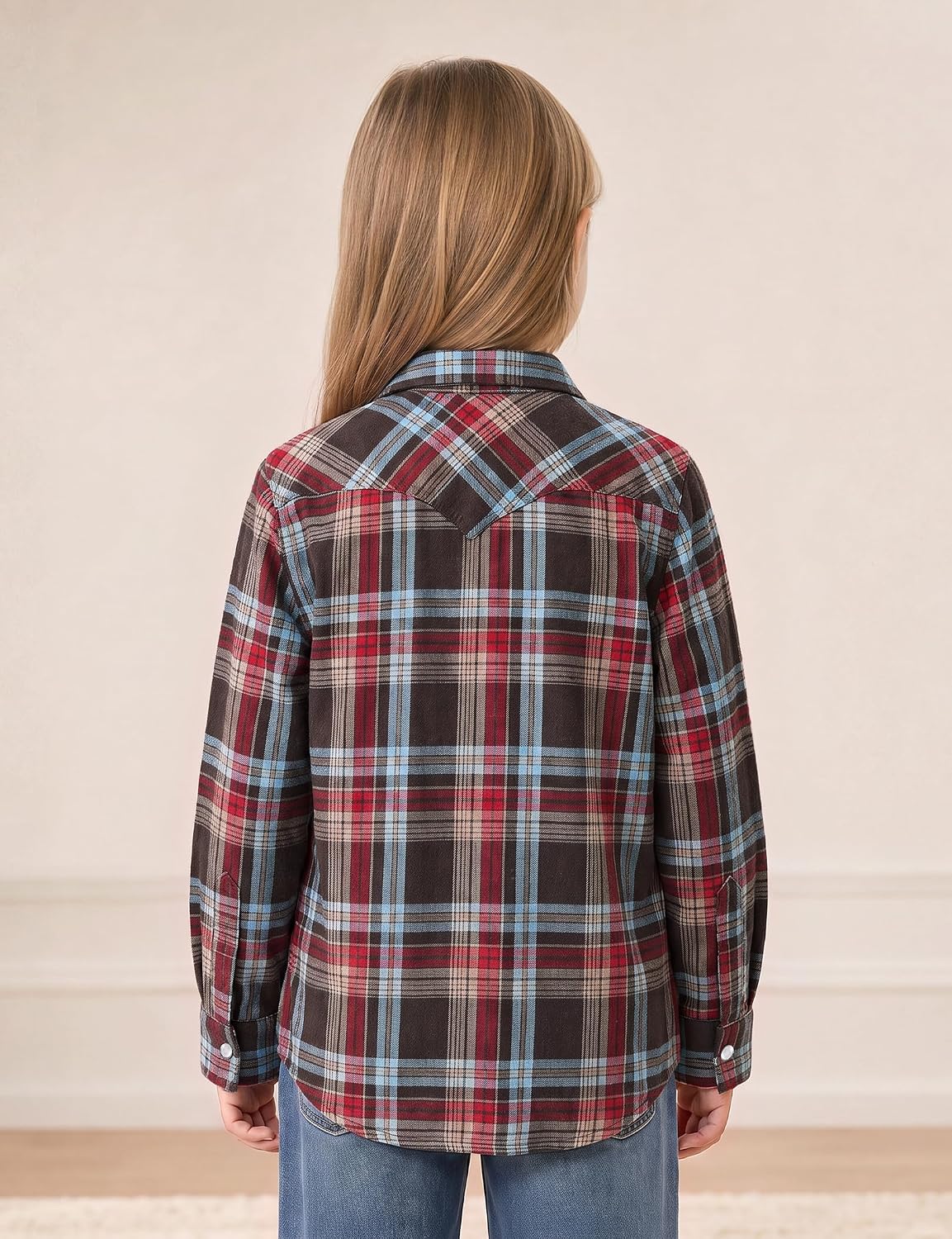 JOGAL G595 Girls' Western Plaid Long-Sleeve Pearl-Snap Flannel Shirt - Red Brown - rear three quarter