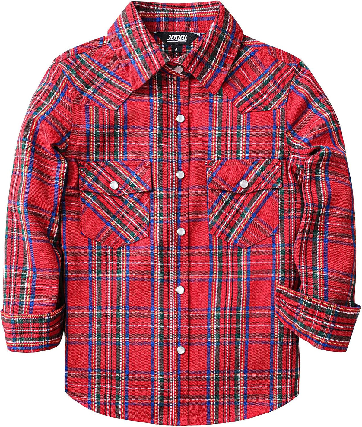 JOGAL G595 Girls' Western Plaid Long-Sleeve Pearl-Snap Flannel Shirt - Red - front