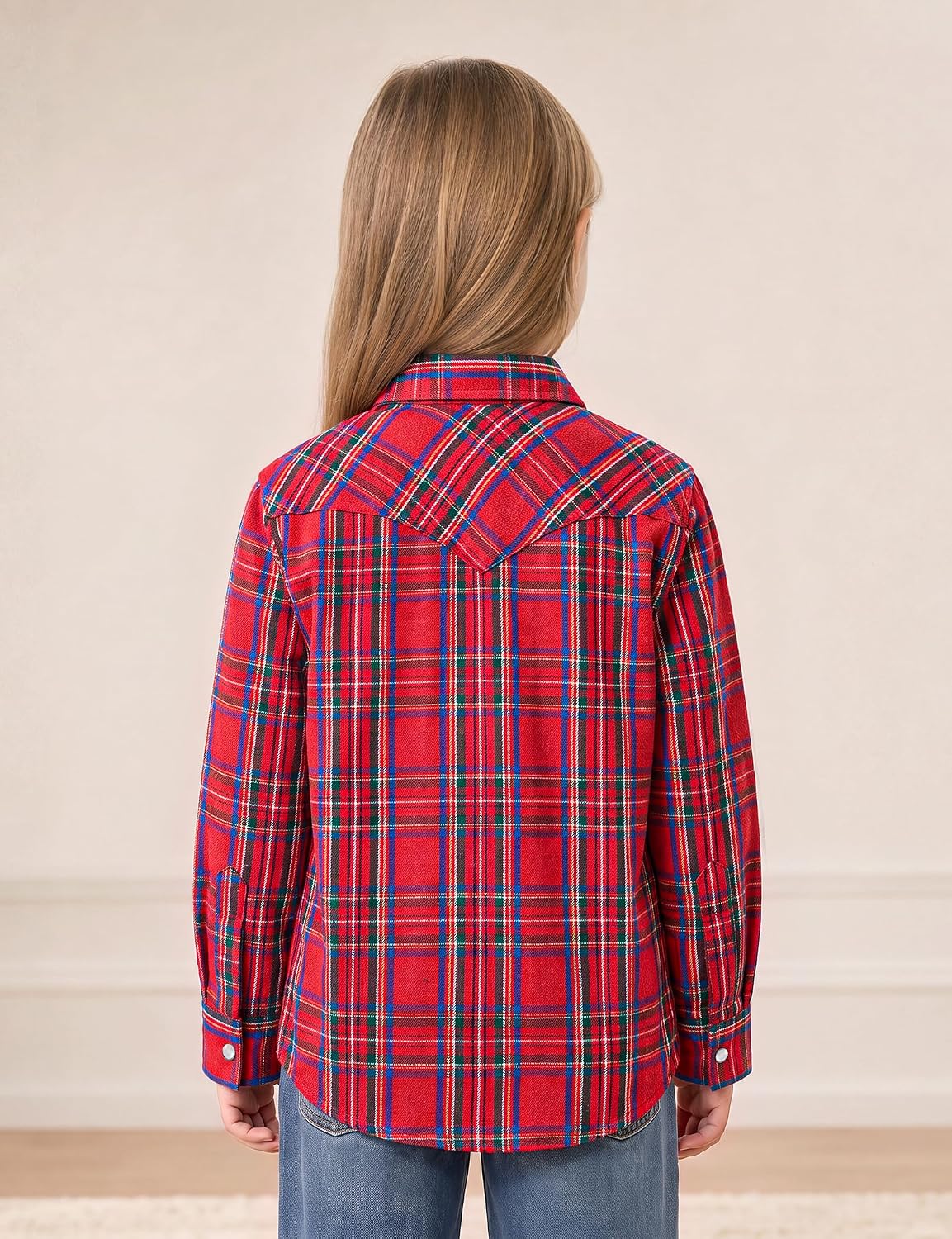 JOGAL G595 Girls' Western Plaid Long-Sleeve Pearl-Snap Flannel Shirt - Red - rear three quarter