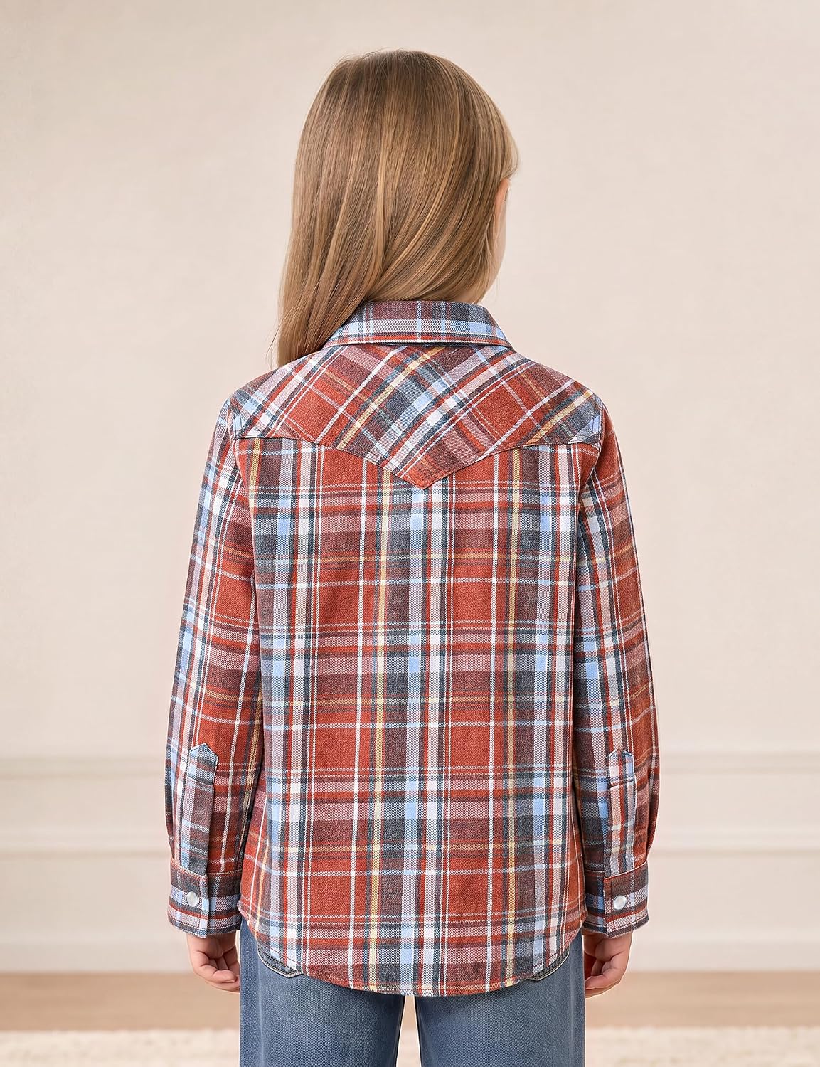 JOGAL G595 Girls' Western Plaid Long-Sleeve Pearl-Snap Flannel Shirt - Rust Red - rear three quarter