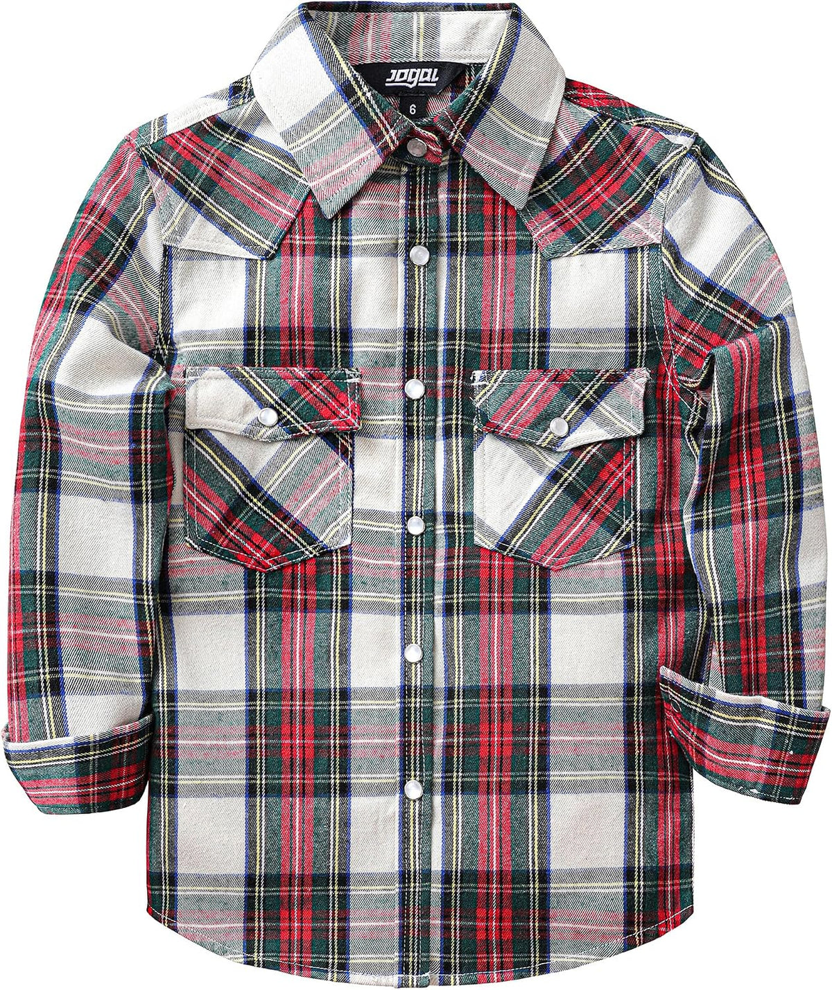 JOGAL G595 Girls' Western Plaid Long-Sleeve Pearl-Snap Flannel Shirt - White Red - front