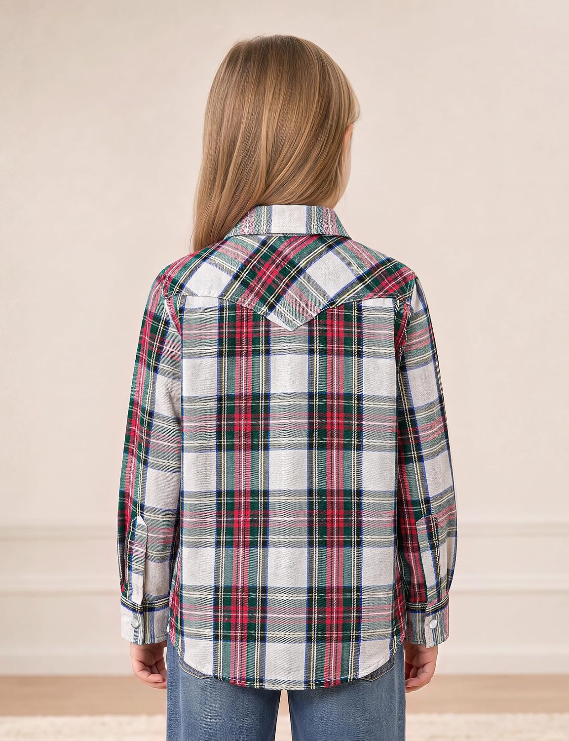 JOGAL G595 Girls' Western Plaid Long-Sleeve Pearl-Snap Flannel Shirt - White Red - rear three quarter