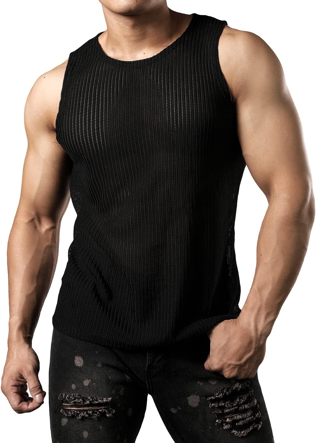 JOGAL MS01 men's mesh fitted sleeveless muscle tank top in Black front view