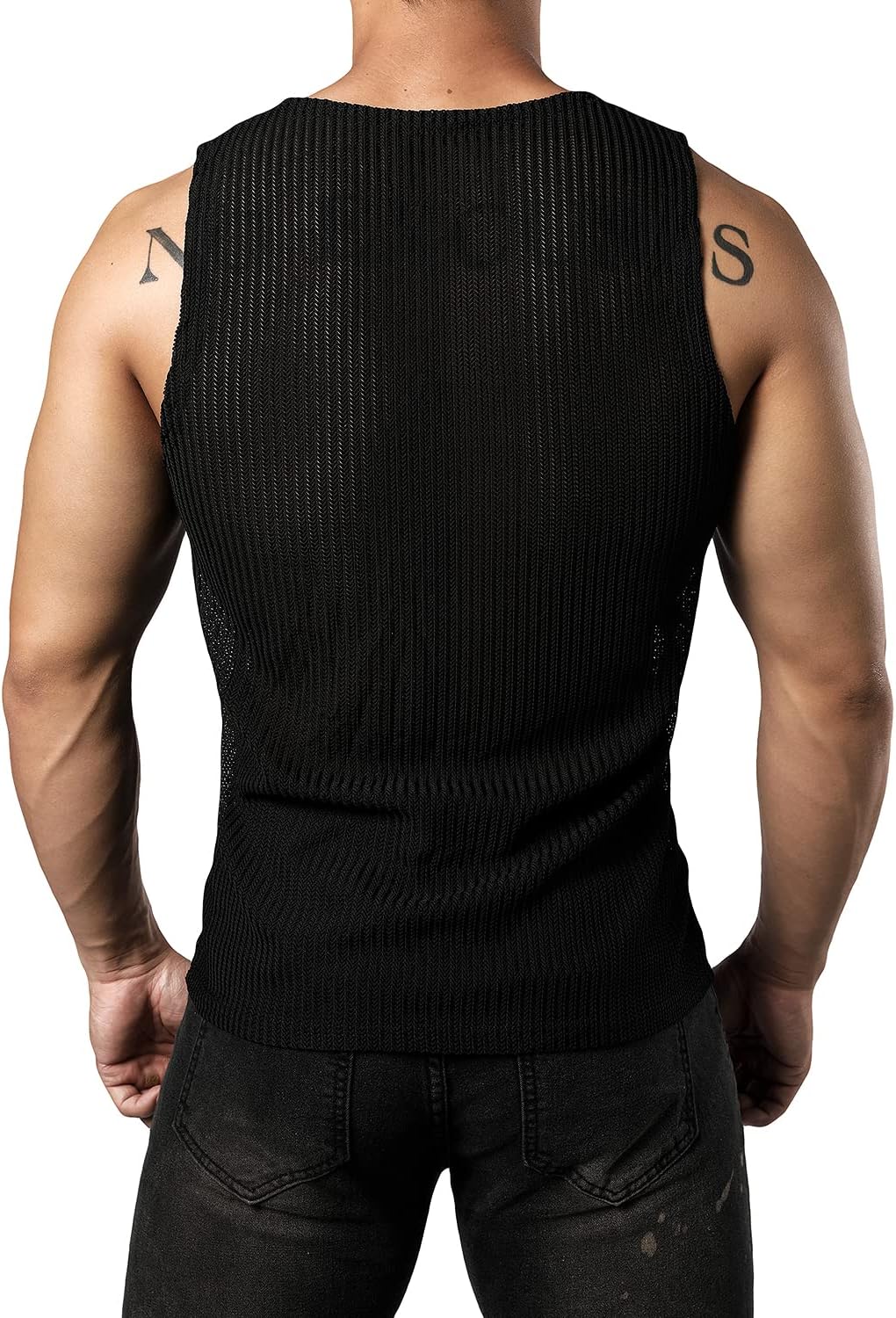 JOGAL MS01 men's mesh fitted sleeveless muscle tank top in Black back view