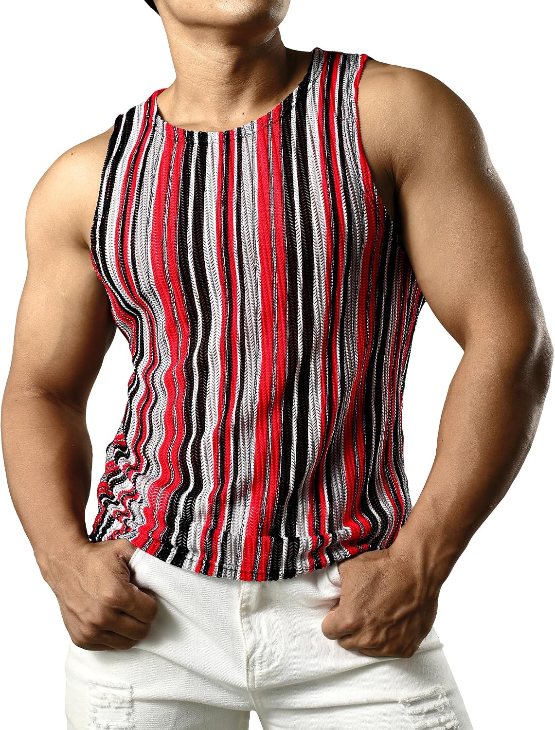 JOGAL MS01 men's mesh fitted sleeveless muscle tank top in Black Red front view