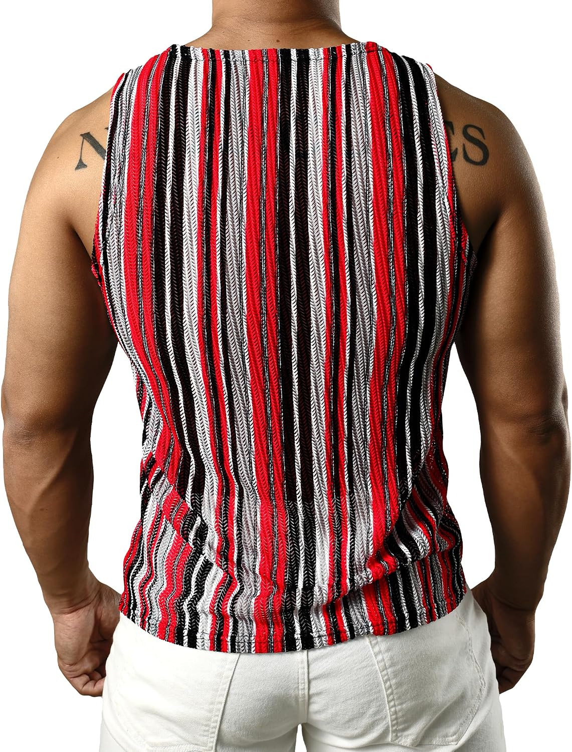 JOGAL MS01 men's mesh fitted sleeveless muscle tank top in Black Red back view