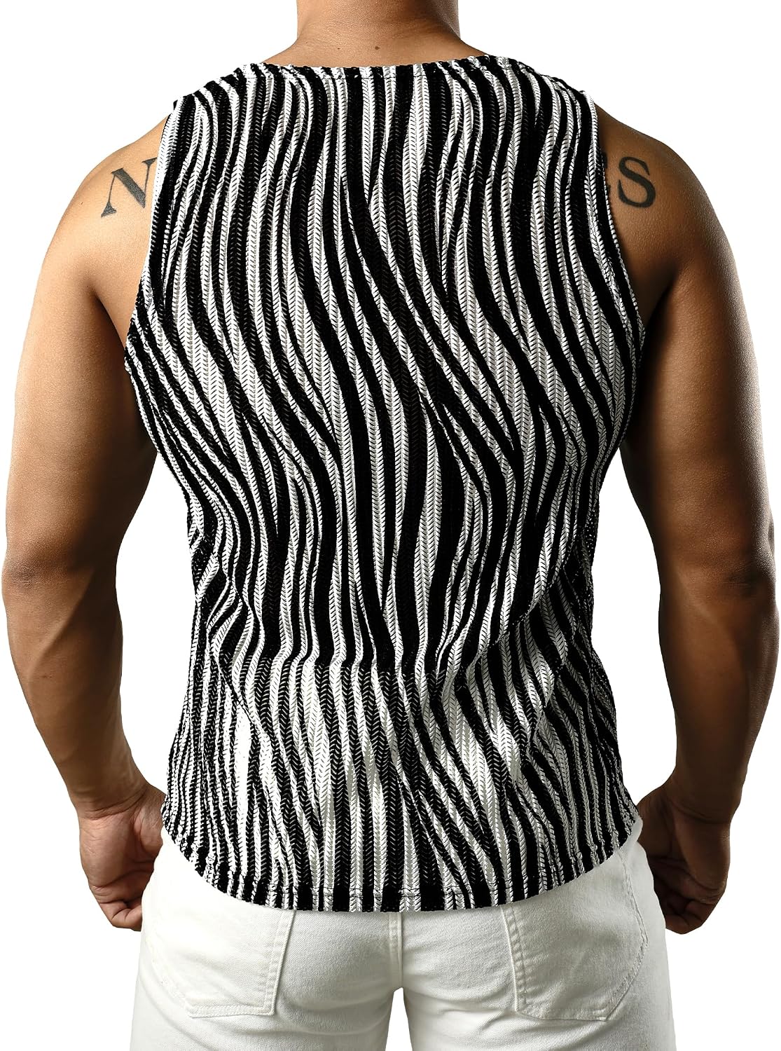 JOGAL MS01 men's mesh fitted sleeveless muscle tank top in Black White back view