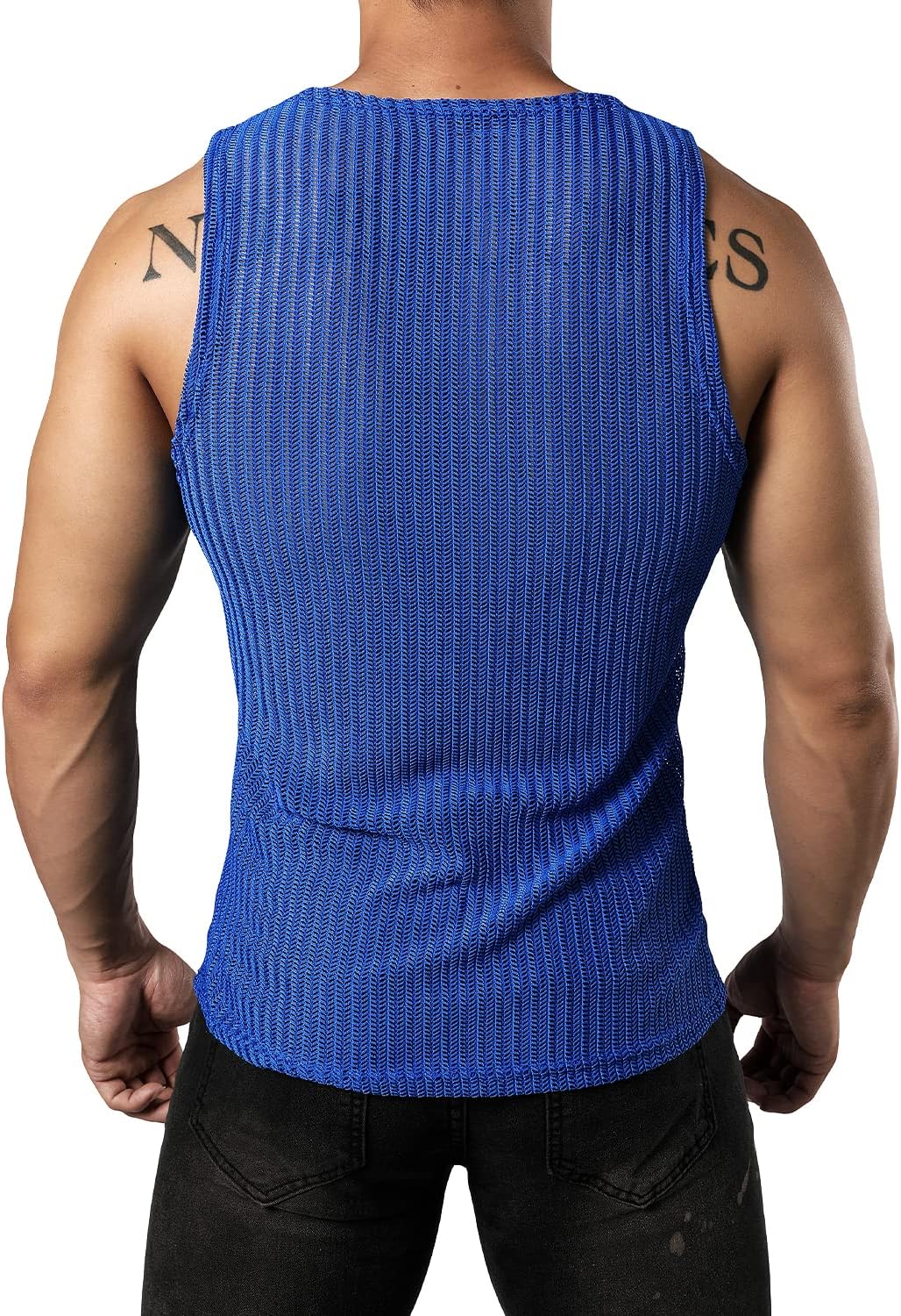 JOGAL MS01 men's mesh fitted sleeveless muscle tank top in Blue back view