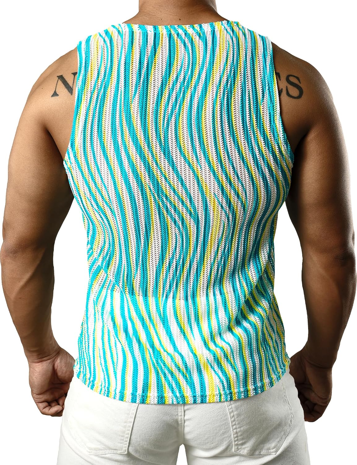JOGAL MS01 men's mesh fitted sleeveless muscle tank top in Blue Yellow back view