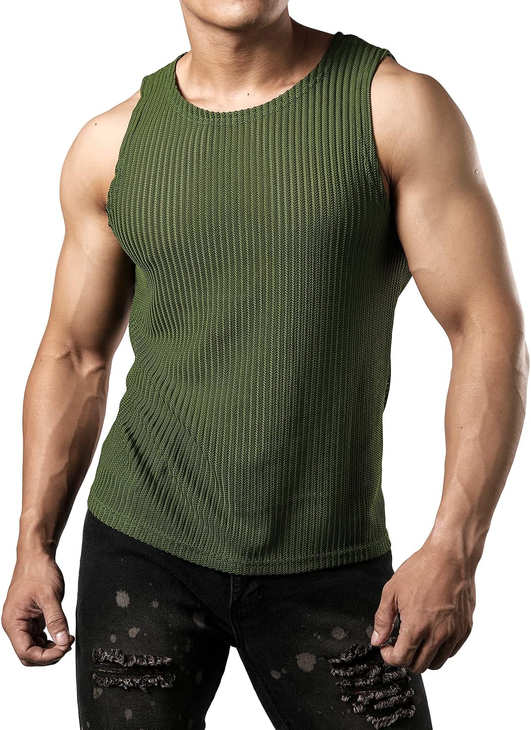 JOGAL MS01 men's mesh fitted sleeveless muscle tank top in Green front view