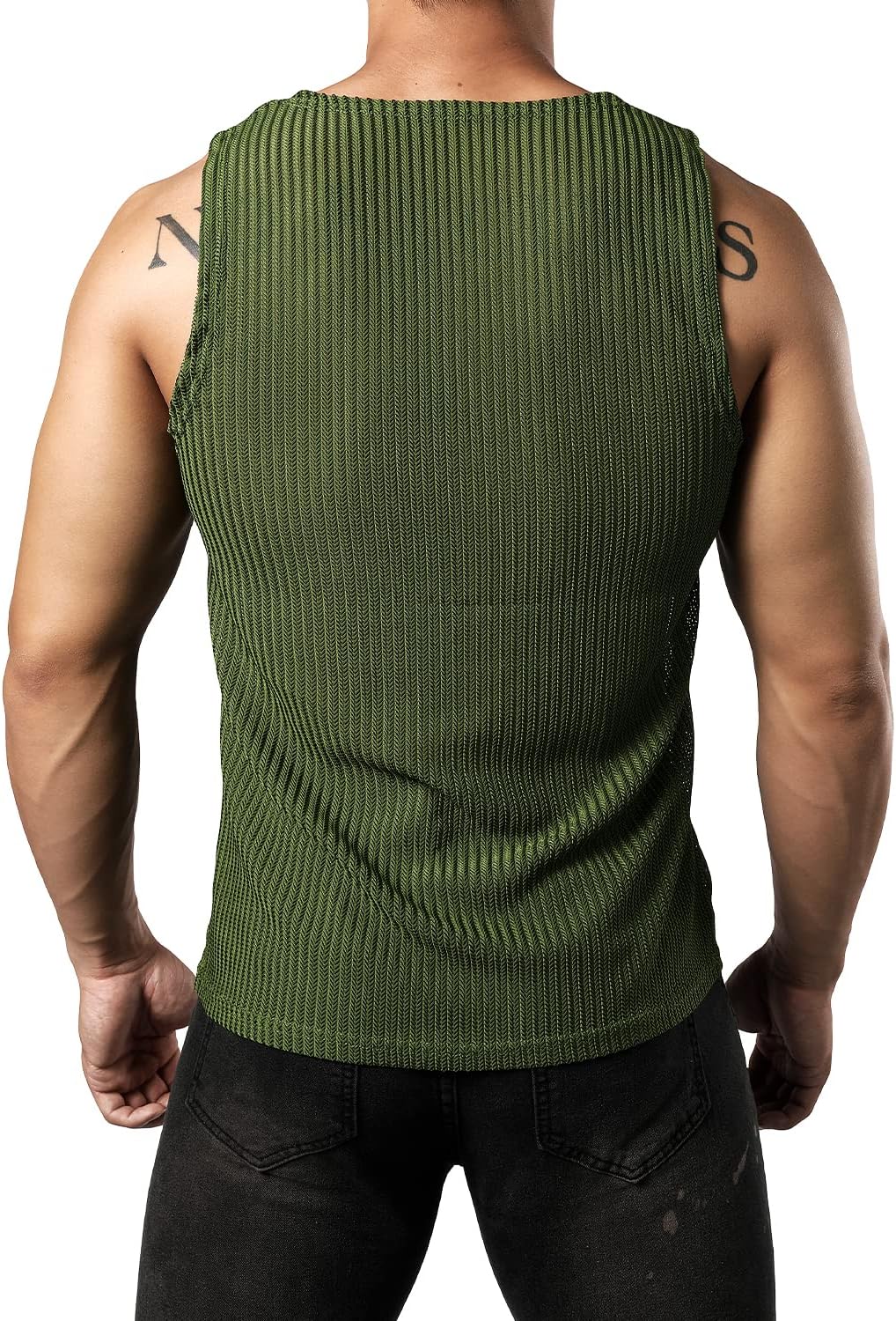 JOGAL MS01 men's mesh fitted sleeveless muscle tank top in Green back view