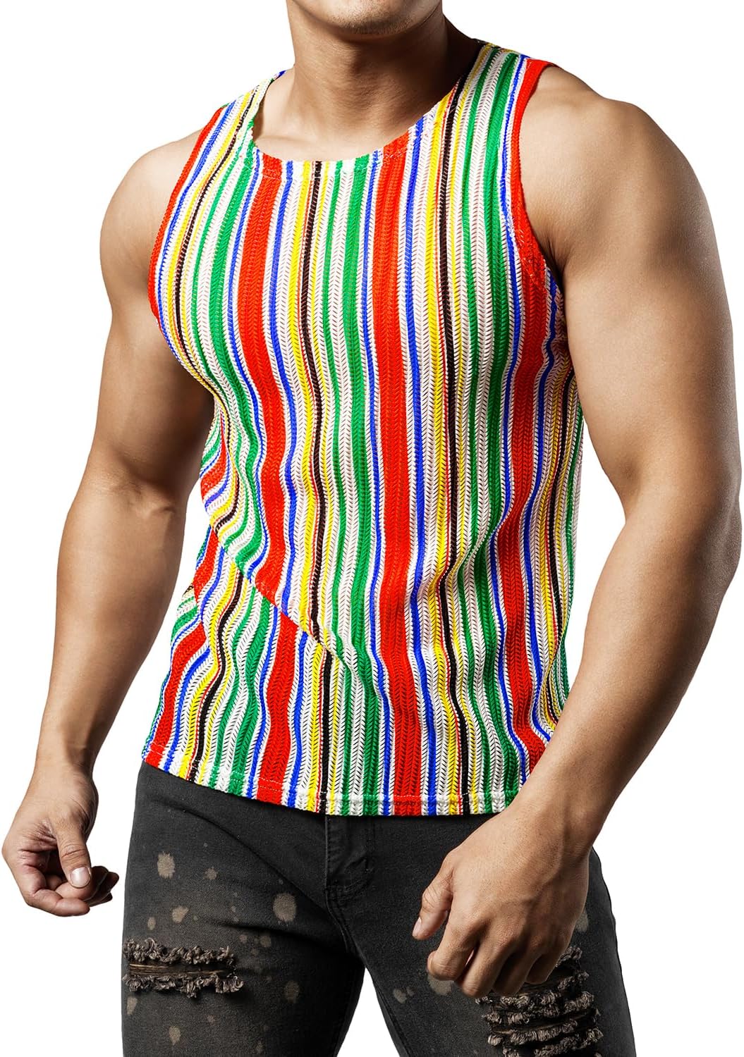 JOGAL MS01 men's mesh fitted sleeveless muscle tank top in Multicolor front view