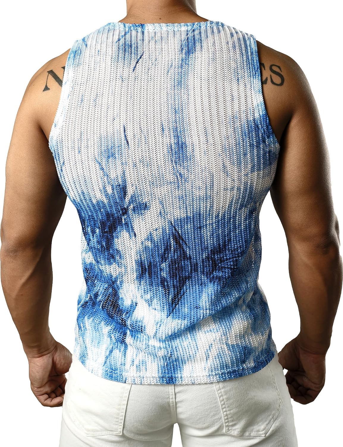 JOGAL MS01 men's mesh fitted sleeveless muscle tank top in Navy back view