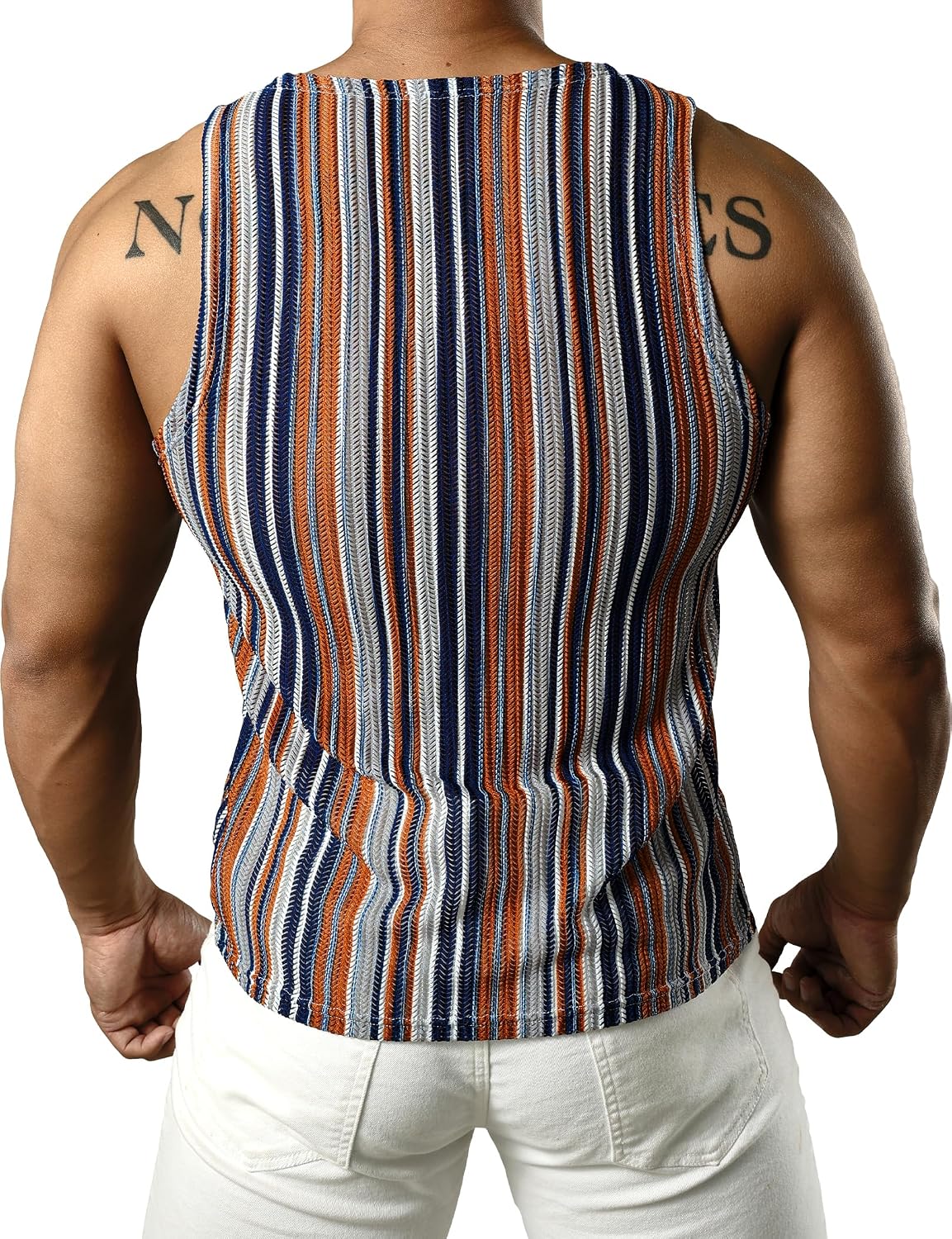 JOGAL MS01 men's mesh fitted sleeveless muscle tank top in Navy Brown back view