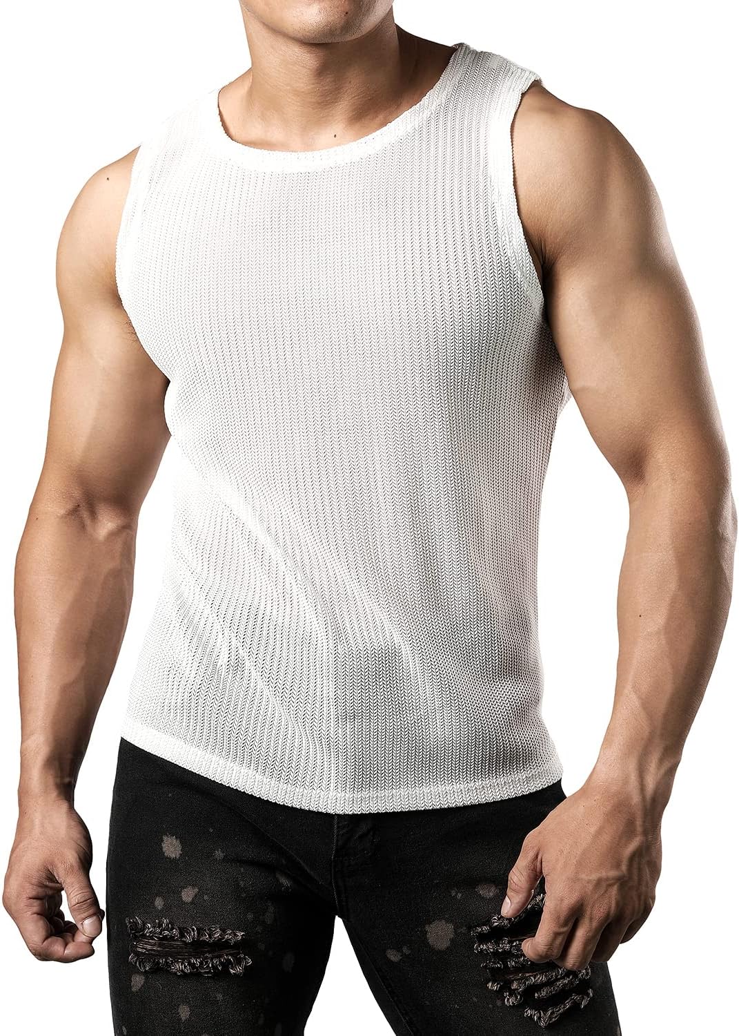 JOGAL MS01 men's mesh fitted sleeveless muscle tank top in White front view