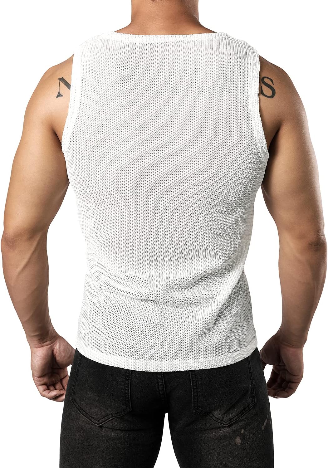JOGAL MS01 men's mesh fitted sleeveless muscle tank top in White back view