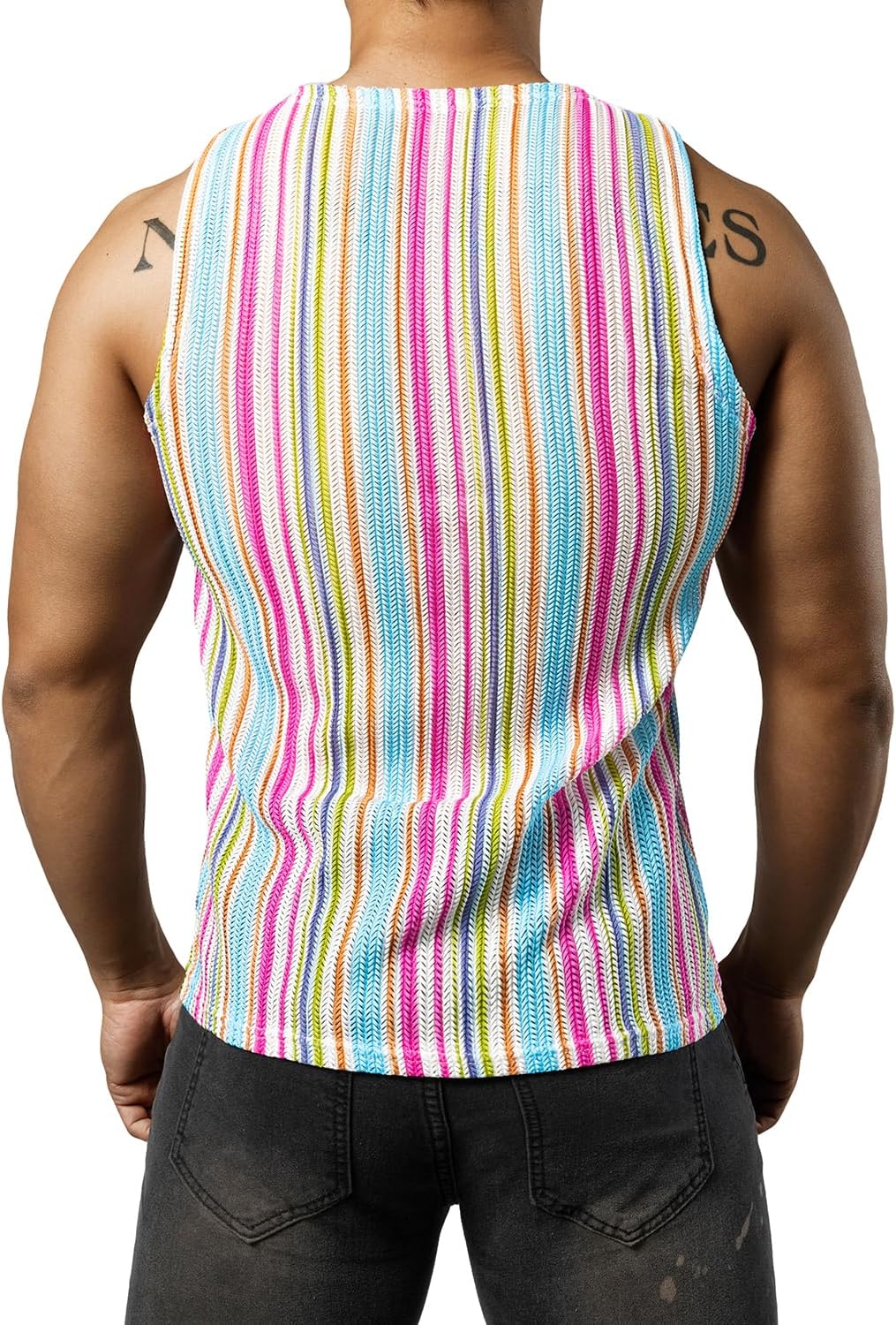 JOGAL MS01 men's mesh fitted sleeveless muscle tank top in White Multicolor back view