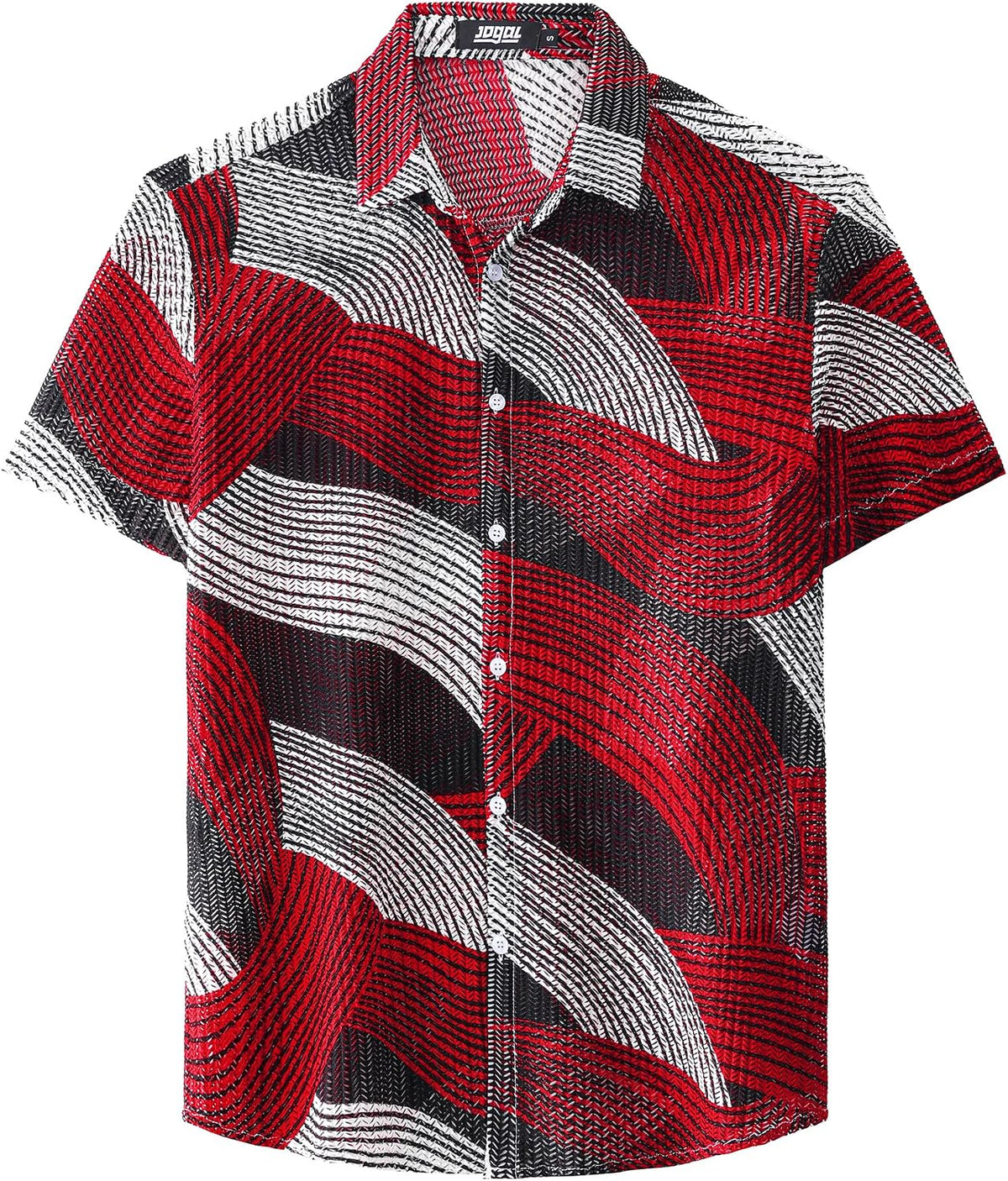 JOGAL MS07 men's Sheer Mesh Floral Short-Sleeve Button-Down Shirt in Black Red, front view