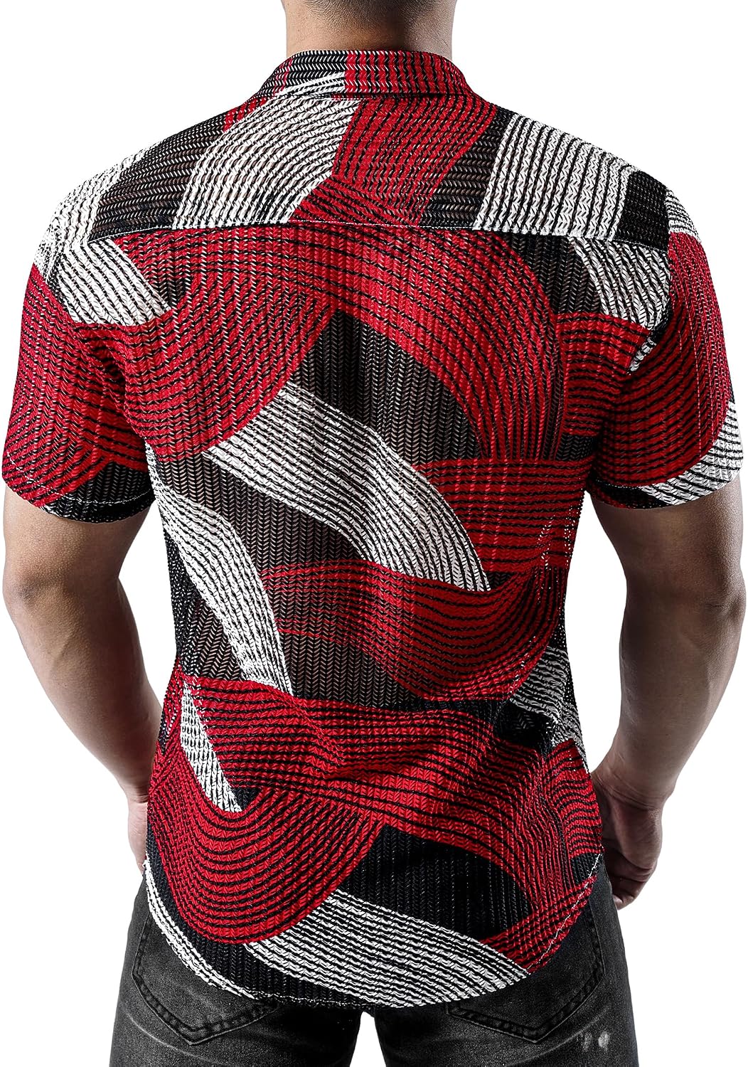 JOGAL MS07 men's Sheer Mesh Floral Short-Sleeve Button-Down Shirt in Black Red, back view