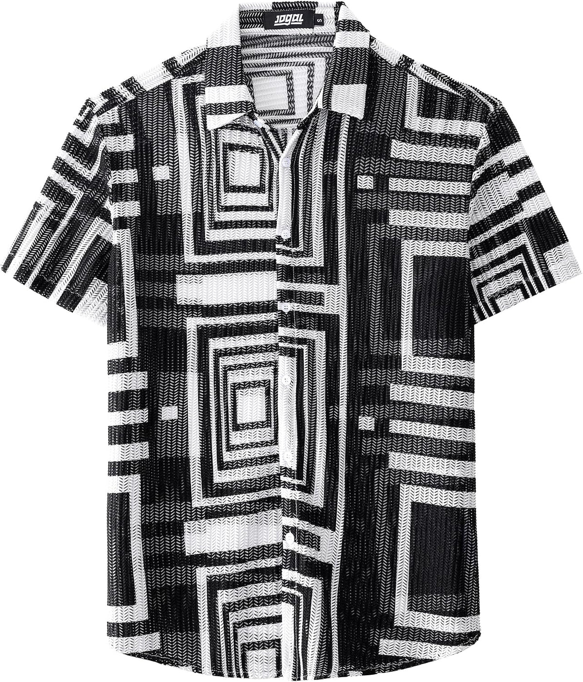 JOGAL MS07 men's Sheer Mesh Floral Short-Sleeve Button-Down Shirt in Black White, front view