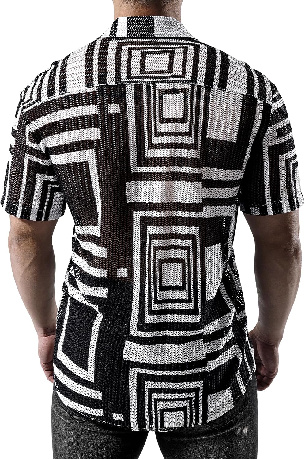 JOGAL MS07 men's Sheer Mesh Floral Short-Sleeve Button-Down Shirt in Black White, back view