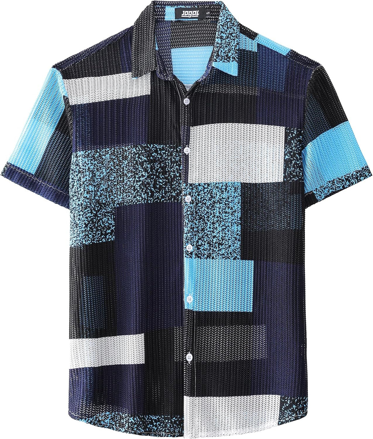JOGAL MS07 men's Sheer Mesh Floral Short-Sleeve Button-Down Shirt in Blue Black, front view