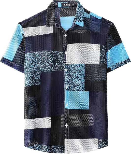 JOGAL MS07 men's Sheer Mesh Floral Short-Sleeve Button-Down Shirt in Blue Black, front view