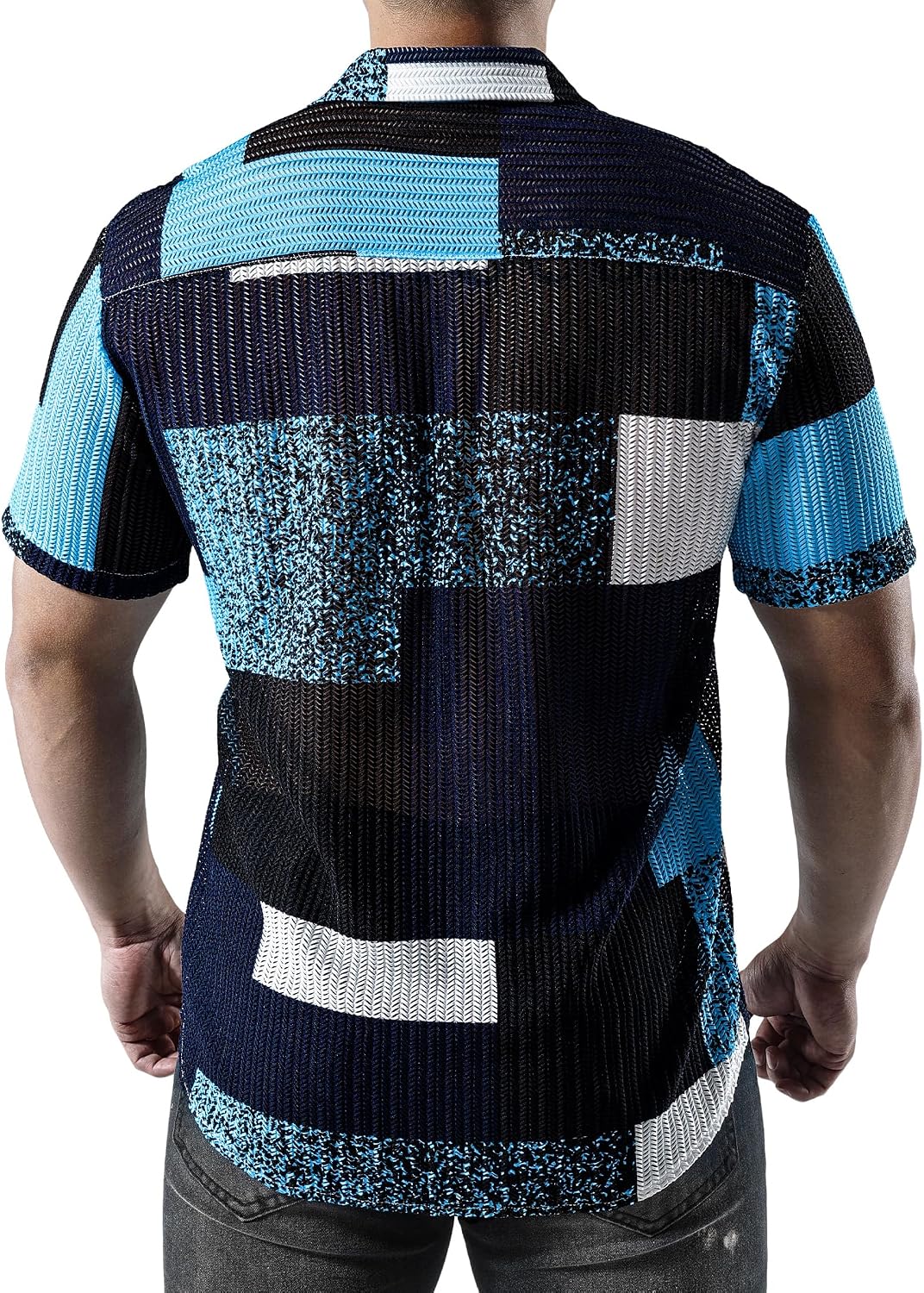 JOGAL MS07 men's Sheer Mesh Floral Short-Sleeve Button-Down Shirt in Blue Black, back view