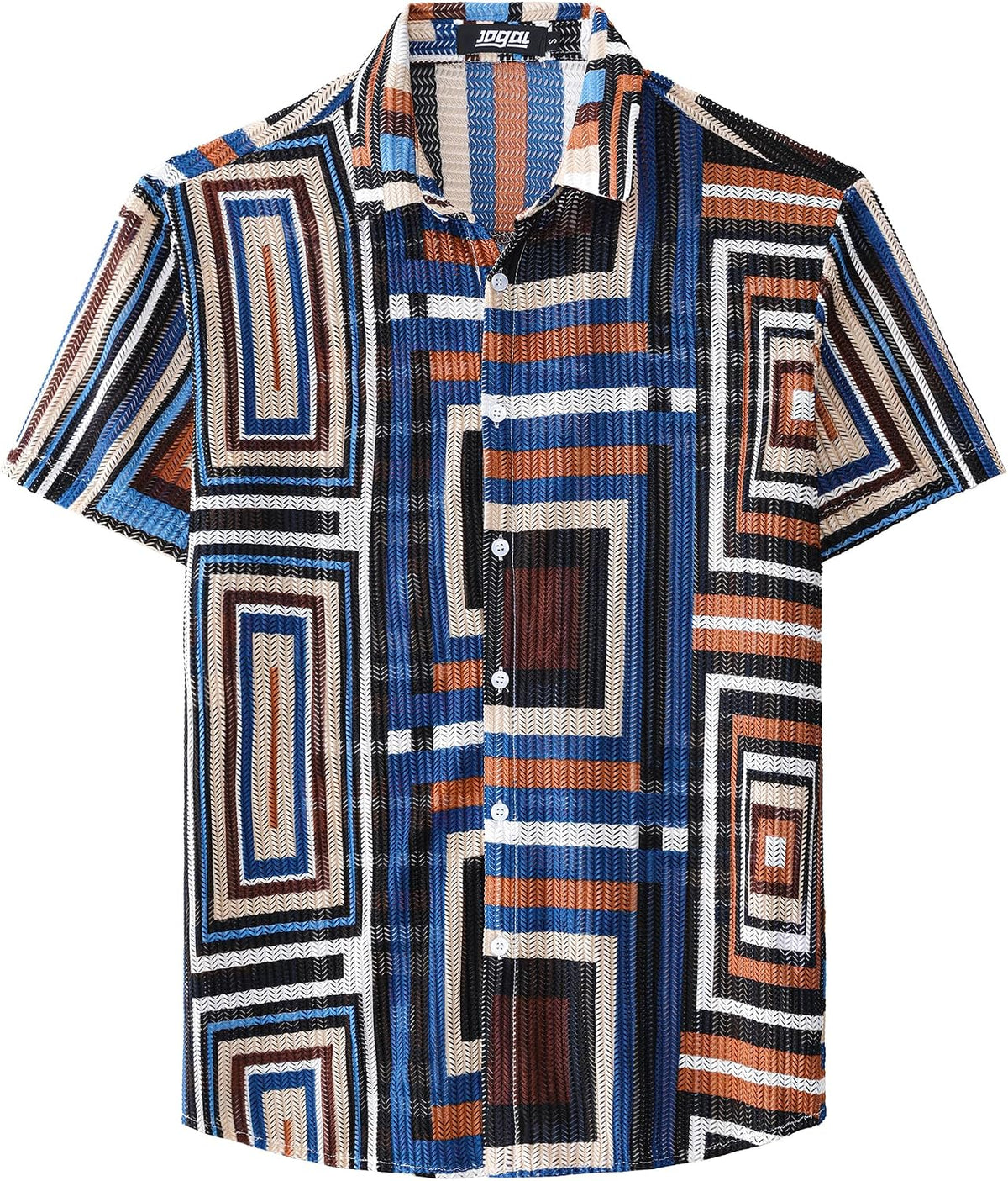 JOGAL MS07 men's Sheer Mesh Floral Short-Sleeve Button-Down Shirt in Blue Khaki, front view