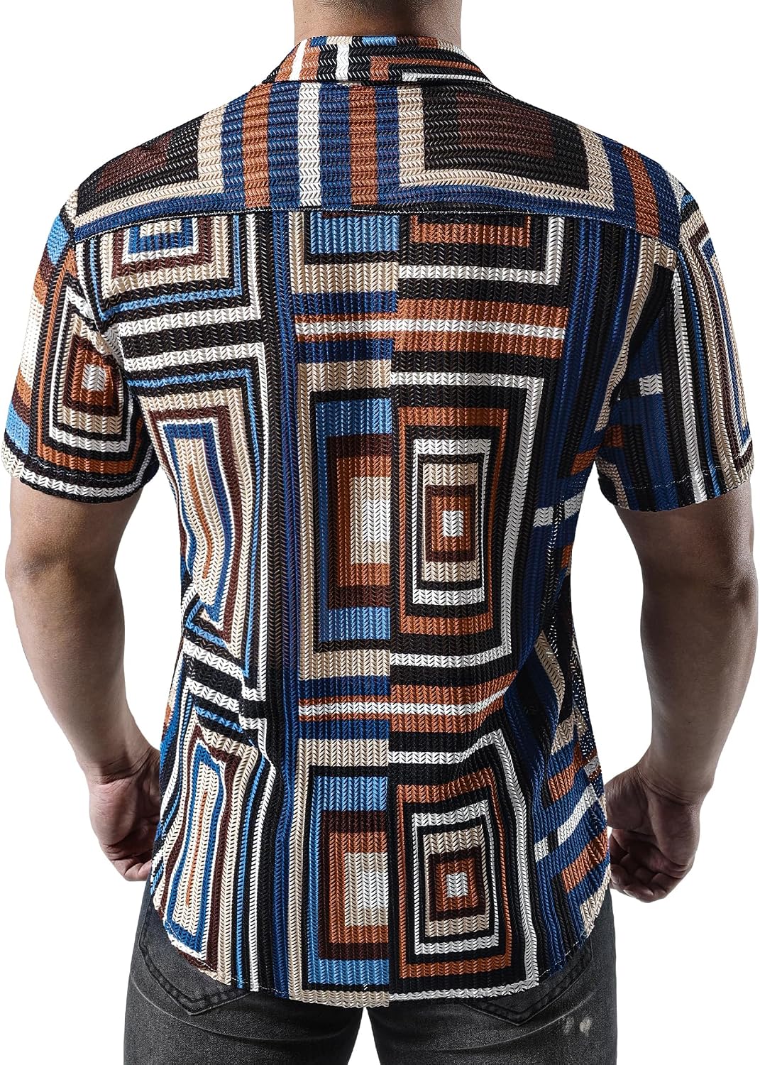 JOGAL MS07 men's Sheer Mesh Floral Short-Sleeve Button-Down Shirt in Blue Khaki, back view