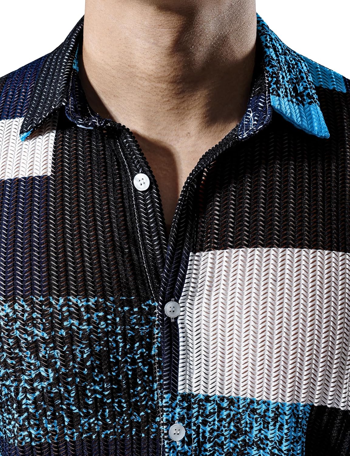 JOGAL MS07 men's Sheer Mesh Floral Short-Sleeve Button-Down Shirt, detail view